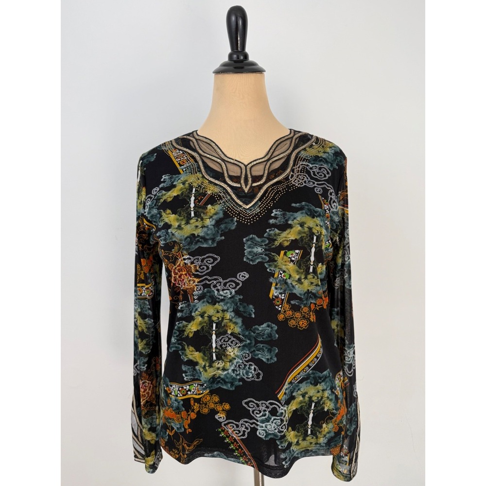 AZI Mesh Sheer Beaded Asian KNIT TOP XL Bonsai Print Oriental Whimsigoth Artsy